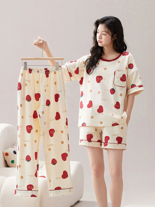 Short Sleeve Lounge Wear Pajamas Women Sleepwear Cotton Short Pajama Set Cotton Short Sleeve Pajamas For Women 3 Piece