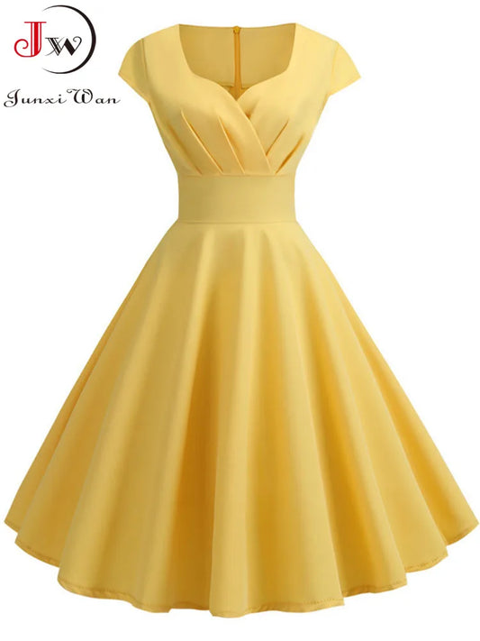 Summer Dress Women Short Sleeve Hepburn 50s 60s Vintage Pin Up Rockabilly Dress Robe Elegant Evening Party Dress