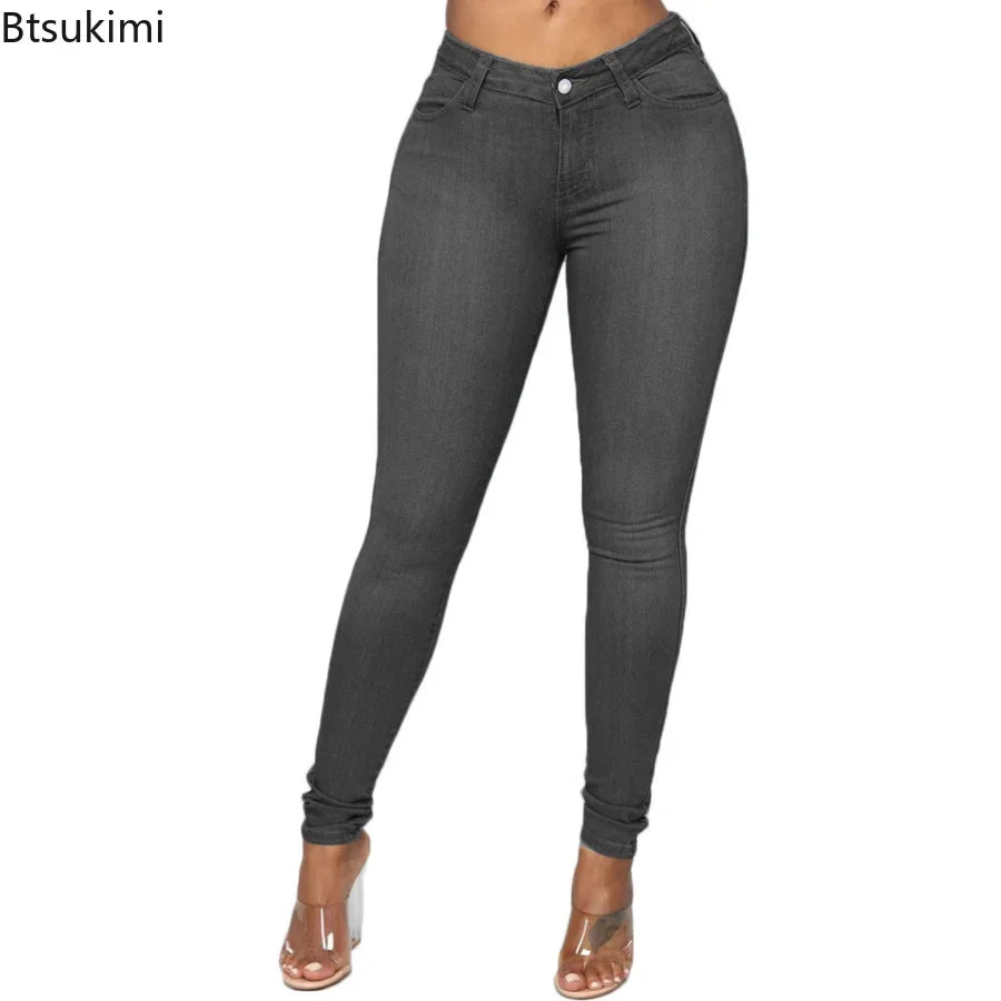 2024 High Elastic Women Skinny Jeans Button Zipper Mid Waist Bodycon Thin Denim Pencil Pants Slim Stretch Trousers Pants Female