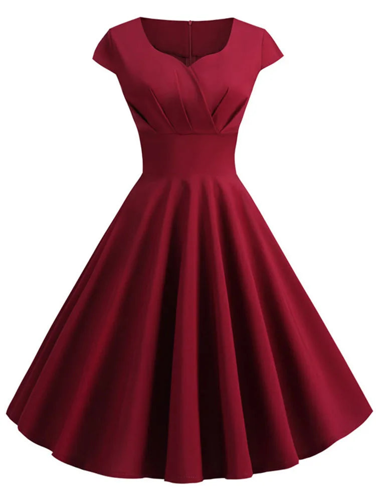 Summer Dress Women Short Sleeve Hepburn 50s 60s Vintage Pin Up Rockabilly Dress Robe Elegant Evening Party Dress