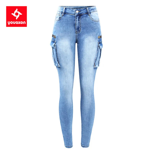 2237 Youaxon New Classic Multiple Pockets  Jeans Women`s Ultra Stretchy Denim Cargo Pants Trousers Jeans For Women