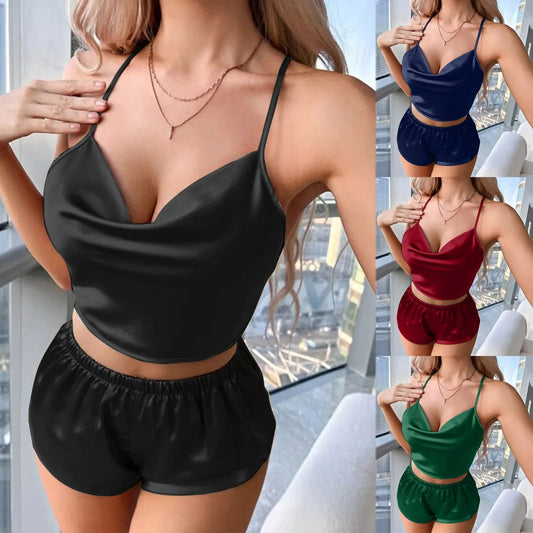 Sexy Summer Two Pieces Women Pajamas Set Deep V-Neck Tops And Shorts Pajama Suit Ladies Sleeveless Nightwear For Female