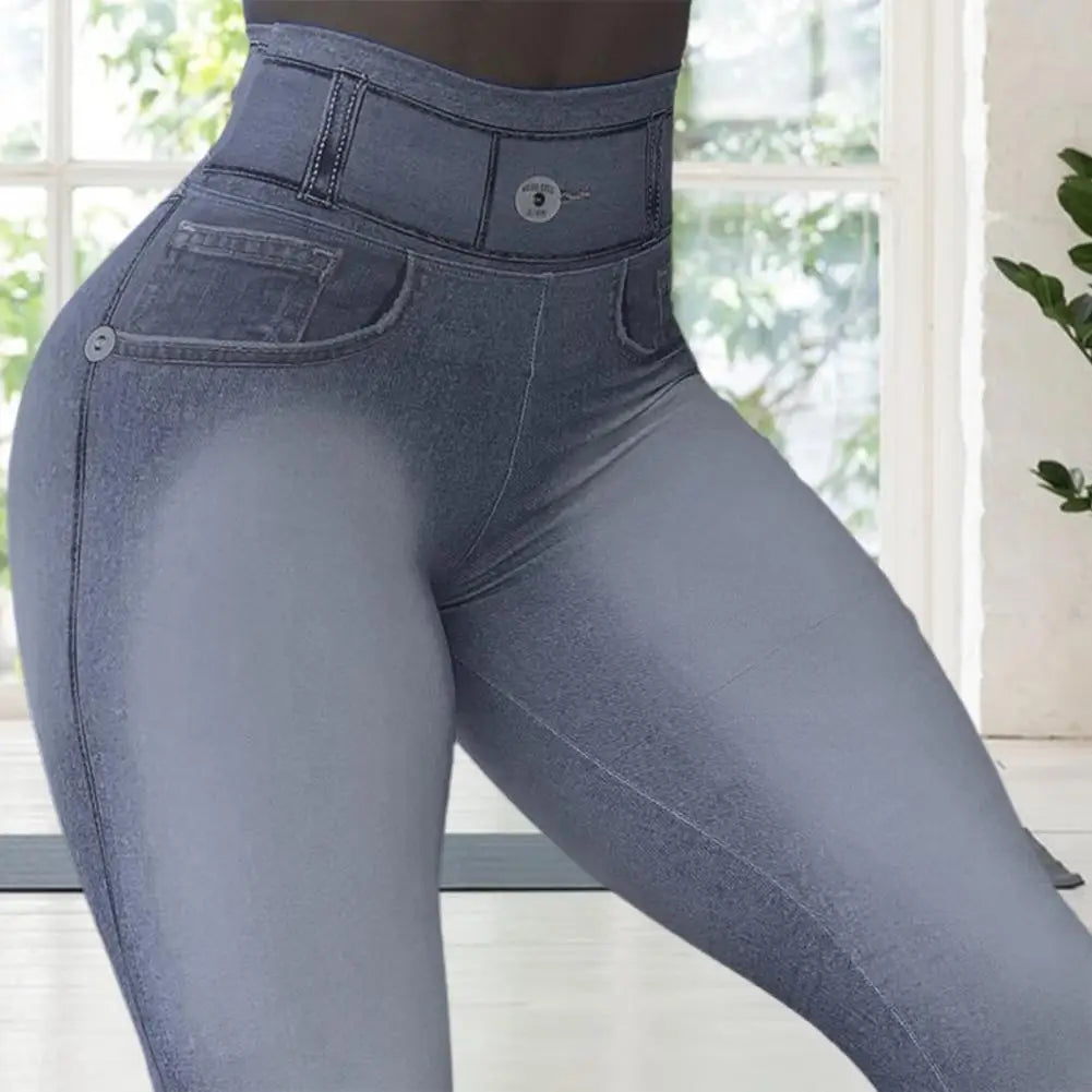 High Waist Tummy Control Butt Lifting Fitness Leggings Gradient Color Push Up Imitation Jeans Skinny Women Yoga Pants Activewear