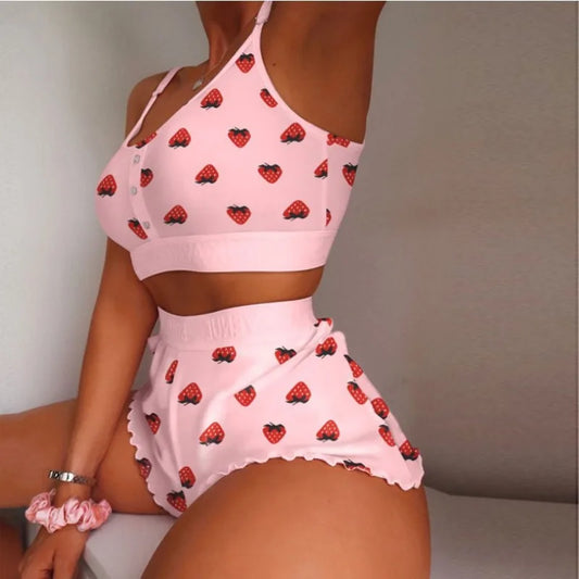 Underwear Set Women Sexy Soft Tank Crop Top Bra Set  Cute Strawberry Print Bra Set Lace Seamless Bralette Pajamas Lingerie