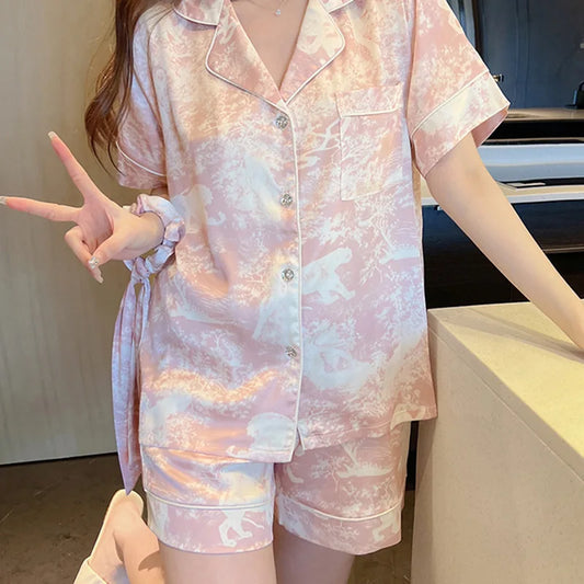 Summer Thin Cardigan Pajama Short Sleeved Shorts Two-piece Set Sweet Homewear Silk Pajamas for Women High-class Print Sleepwear