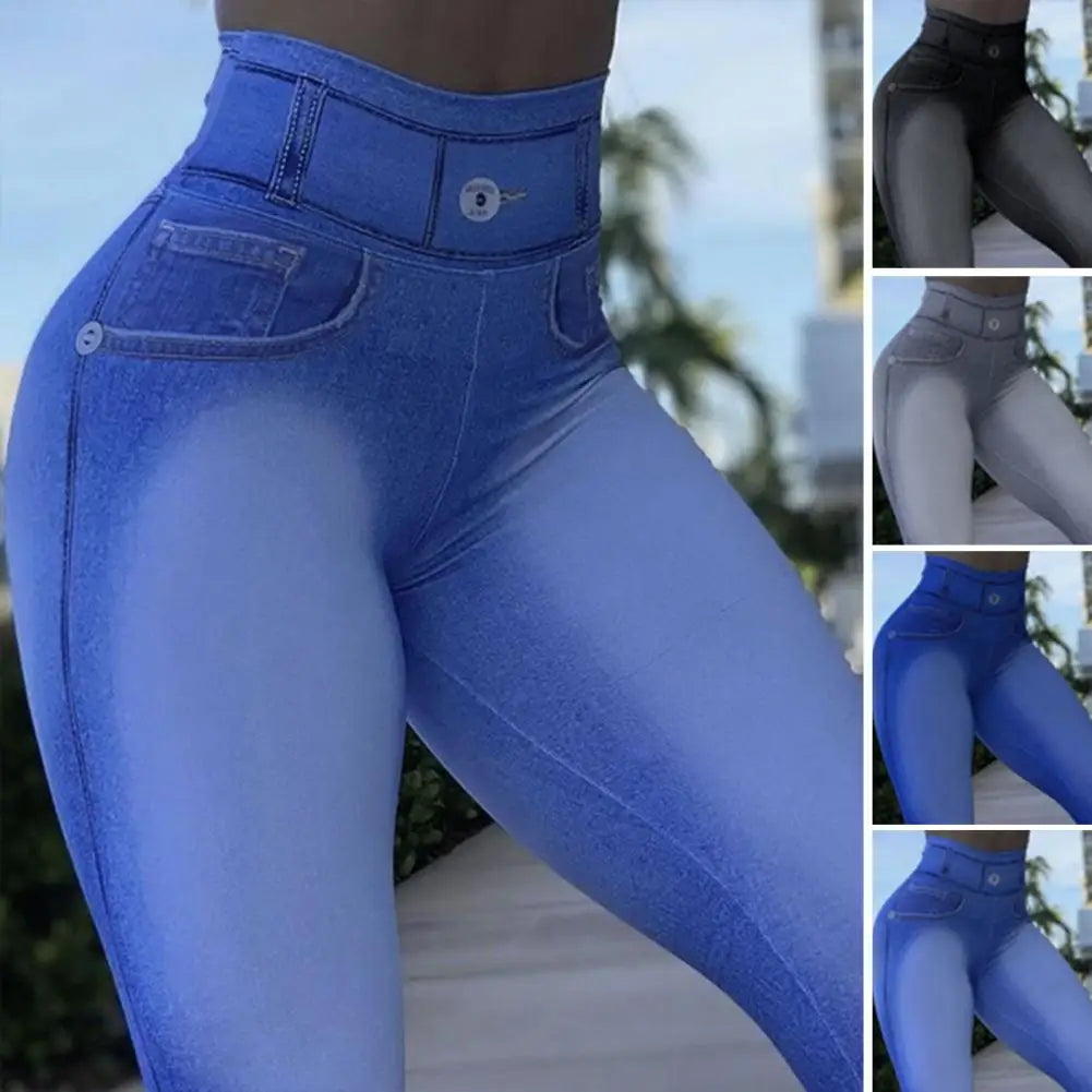 High Waist Tummy Control Butt Lifting Fitness Leggings Gradient Color Push Up Imitation Jeans Skinny Women Yoga Pants Activewear